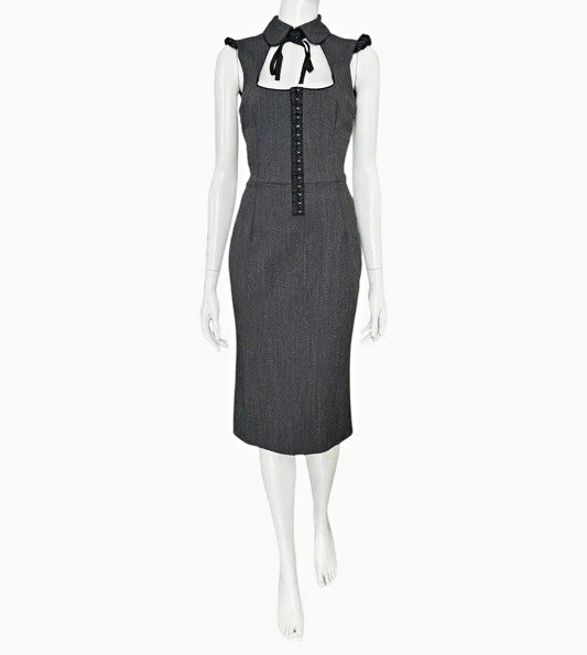 2000s Dolce & Gabbana Gray/Black Sheath Midi Dress Collared Bow Size 40
