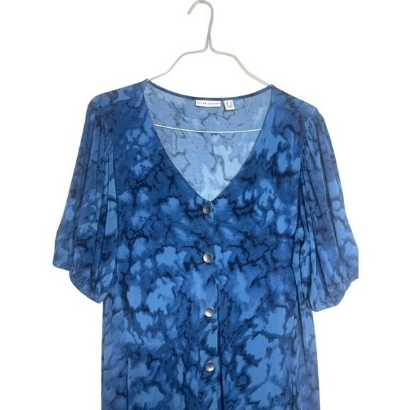 Susan Graver Womens Liquid Knit Blue Midi Dress Sz L Front Button Flowy Church