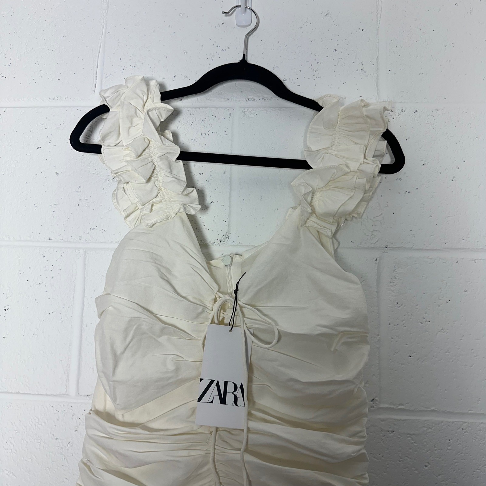 Zara White Ruched Ruffle Mini Dress Lace Up Front Sleeveless large