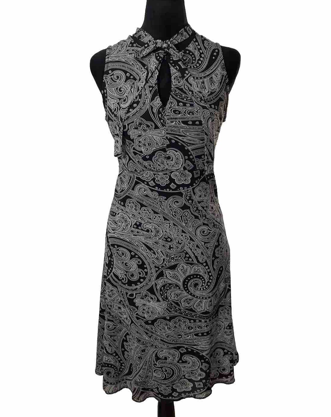 Vintage Black & White Paisley Sun Dress Sz M Keyhole Neck Tie Boho Lettuce Nyco