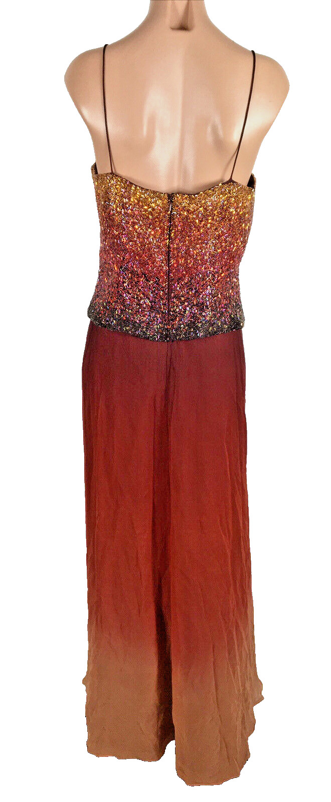 Vintage Red Pink Gold Ombre Silk Beaded Formal Evening Dress Sz 12 Chiffon Cami