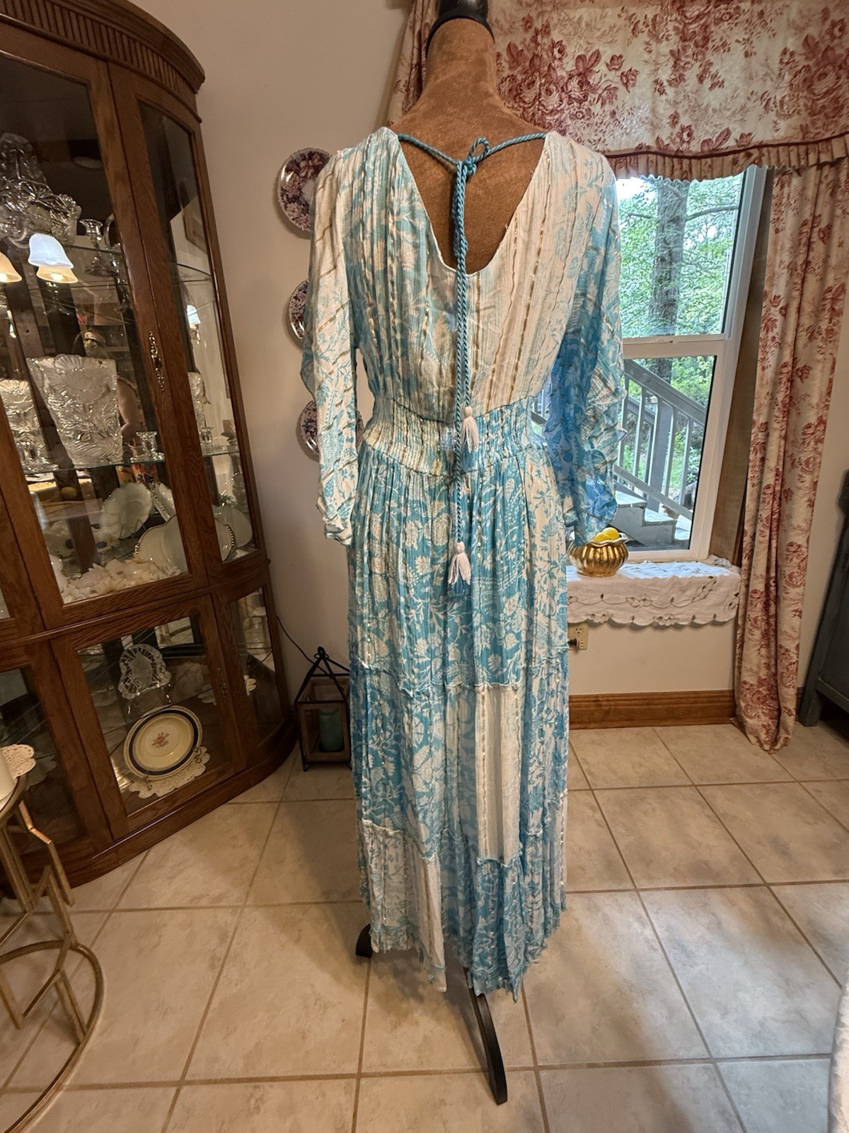 Blue White Boho Maxi Dress Size M Embroidered Lace Tassel Cottagecore Beach