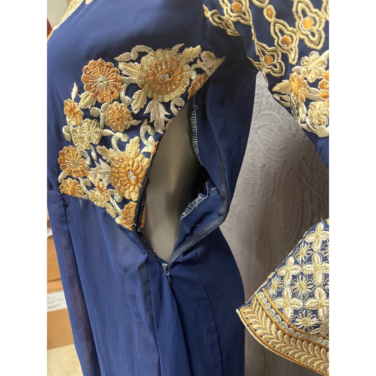Navy Blue Gold Floral Embroidered Maxi Gown Mandarin Collar Side Zip Long Sleeve