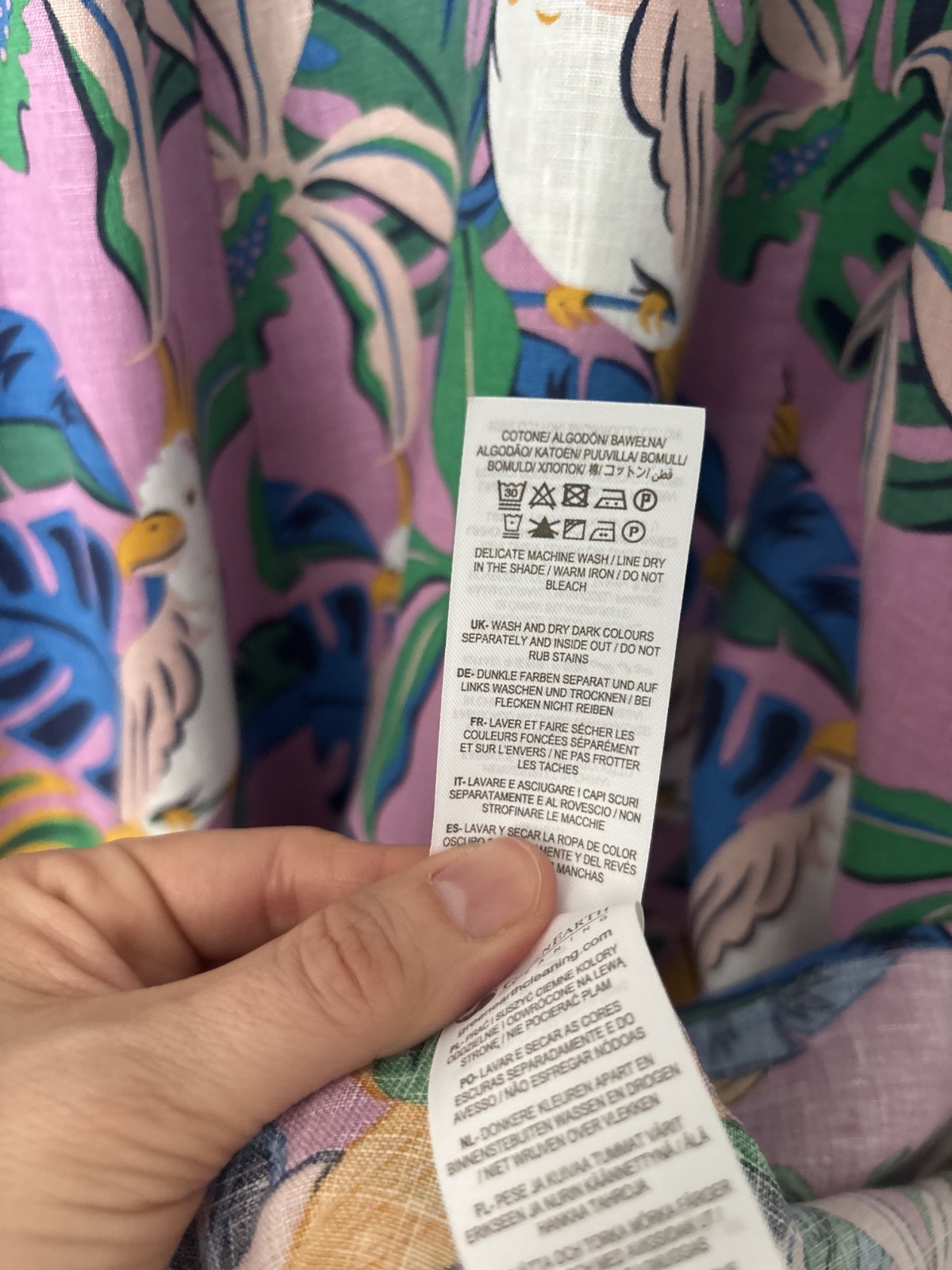 Boden purple green white linen sleeveless maxi v-neck bird parakeet palm tree 12