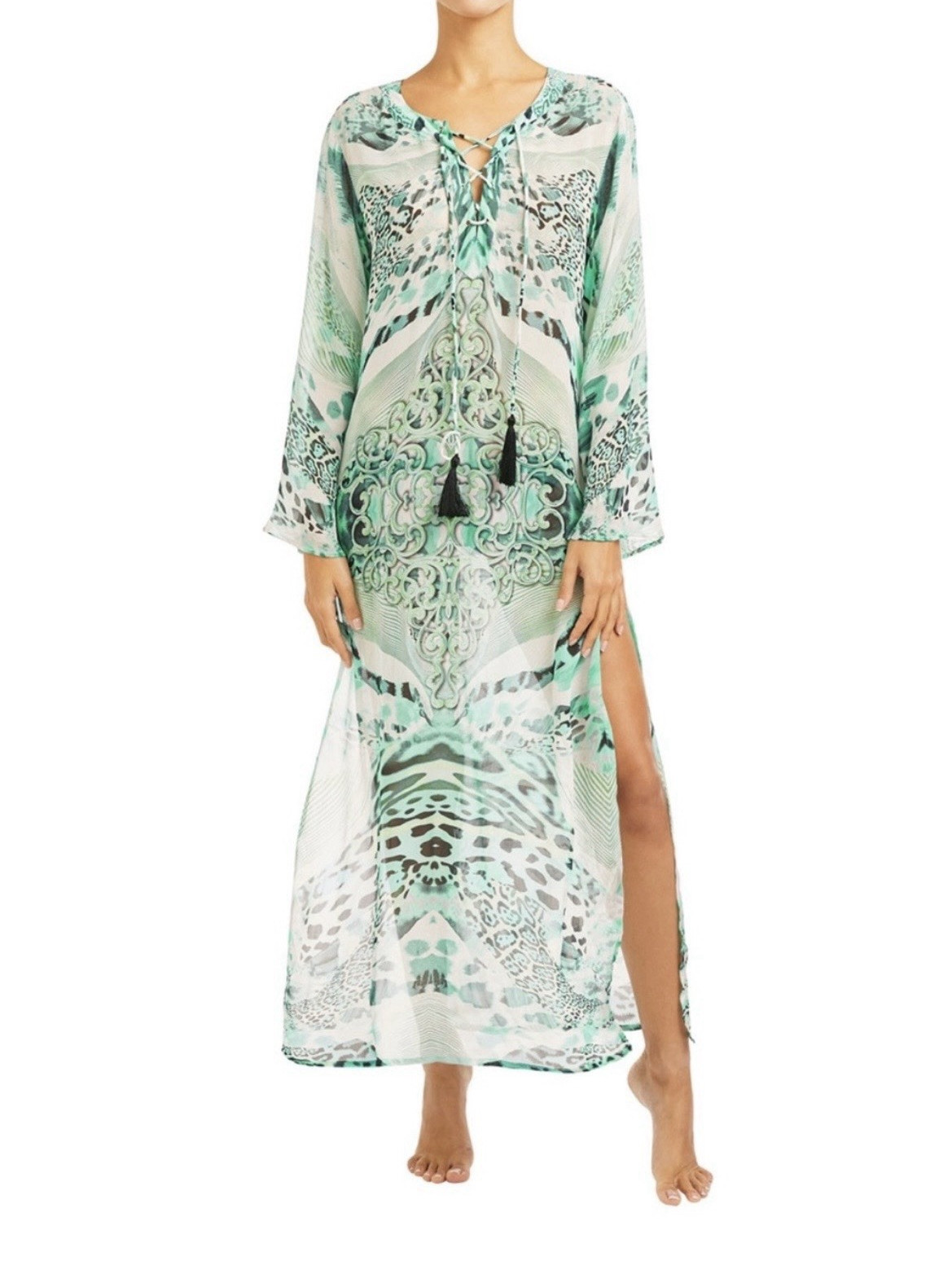 Elizabeth Hurley Beach Animal Print Silk Chiffon Tassel Kaftan Maxi S/M