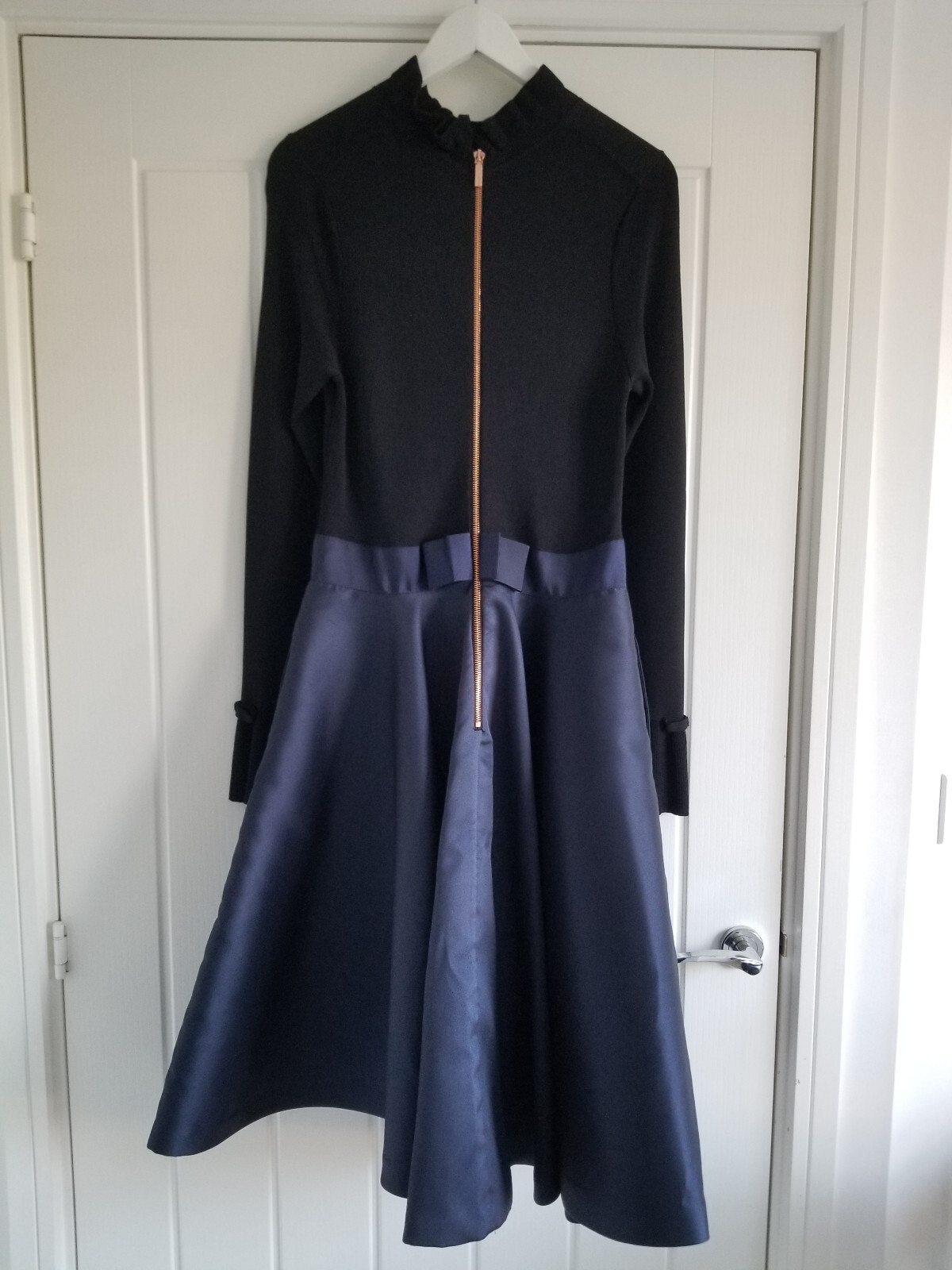Ted Baker Zadi Long Sleeve Full Skirt Dress Size 4 UK 14 Dark Blue Black Navy