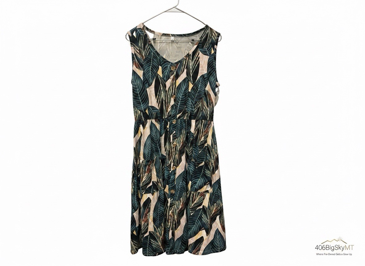 Green Beige Leaf Print Dress V-Neck Sleeveless Button Pockets Knee Length L