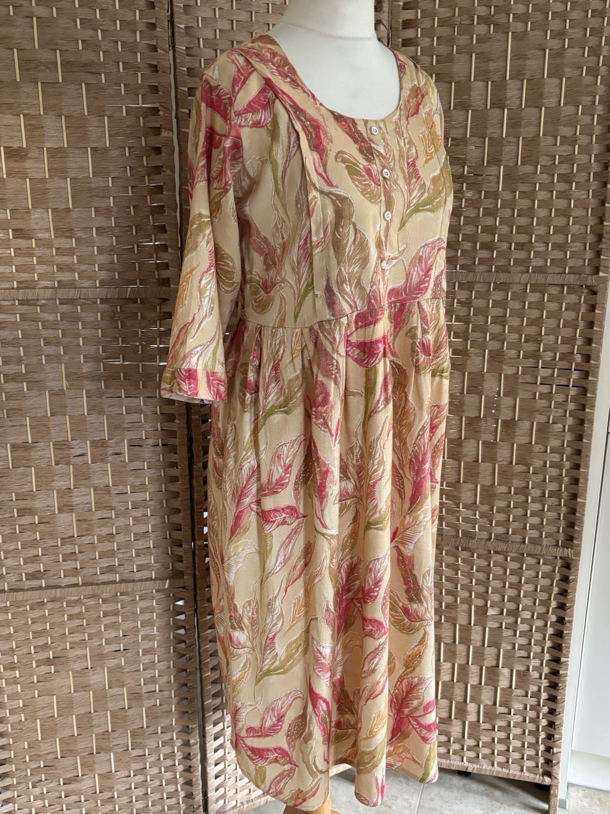 HOOH Pink Tan FOLIAGE Print BUTTON Tie Back NURSING Dress 12 14 L42” ARTY Zips
