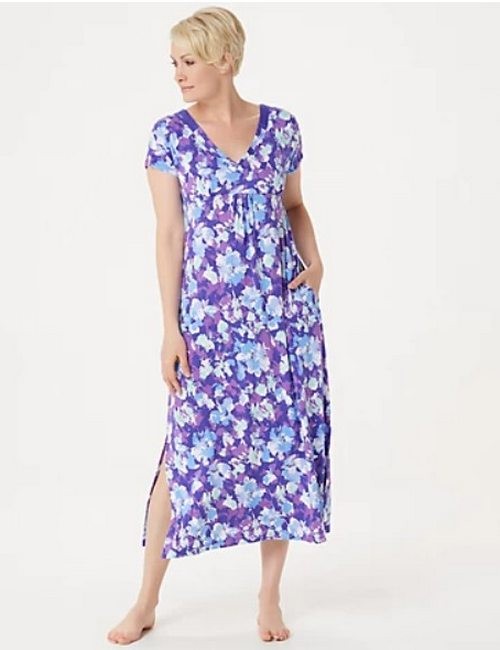 Carole Hochman Brushed Floral Lounge Maxi Dress Set Magenta Pink XS New Cardigan