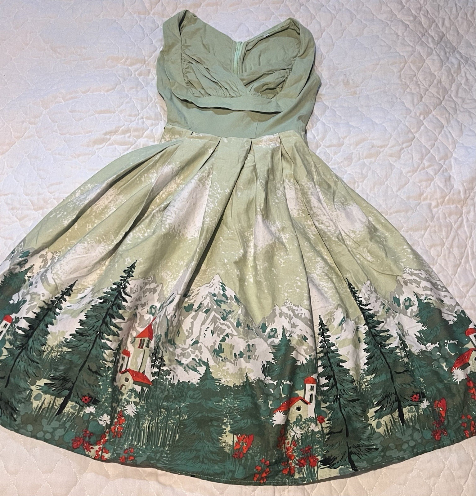 1950’s [REPRODUCTION] Sweetheart Neckline Cotton Dress S Scenic Print EU Lolita