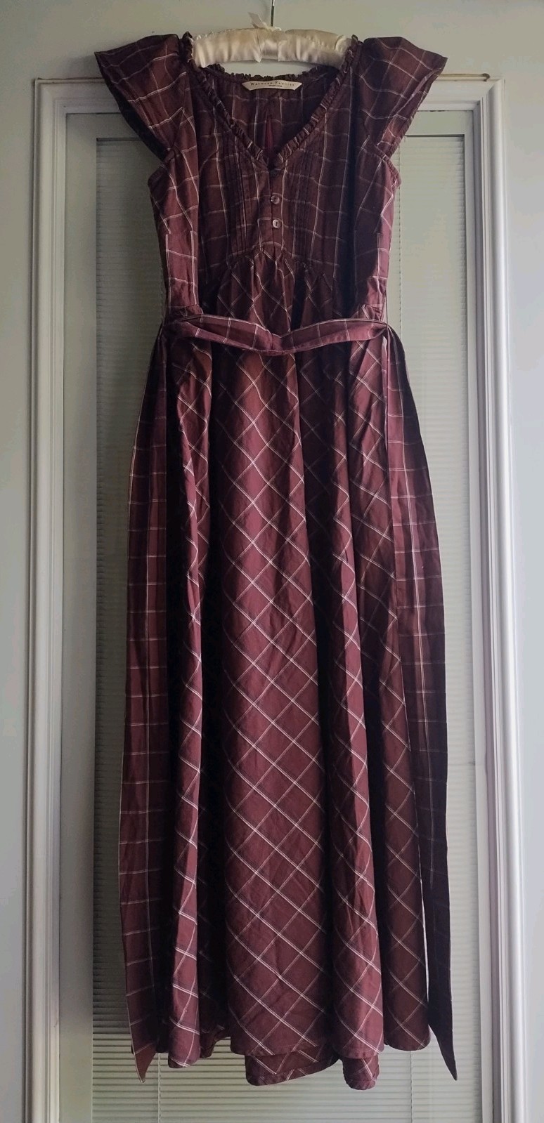 Eshakti Custom Brown Plaid Cotton Poplin A-Line Maxi Dress V-Neck Button Medium