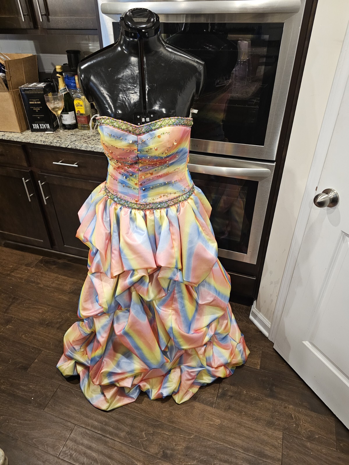 Xcite Pink Yellow Blue Beaded Sequin Pleated Multicolor Rainbow Ballgown 8