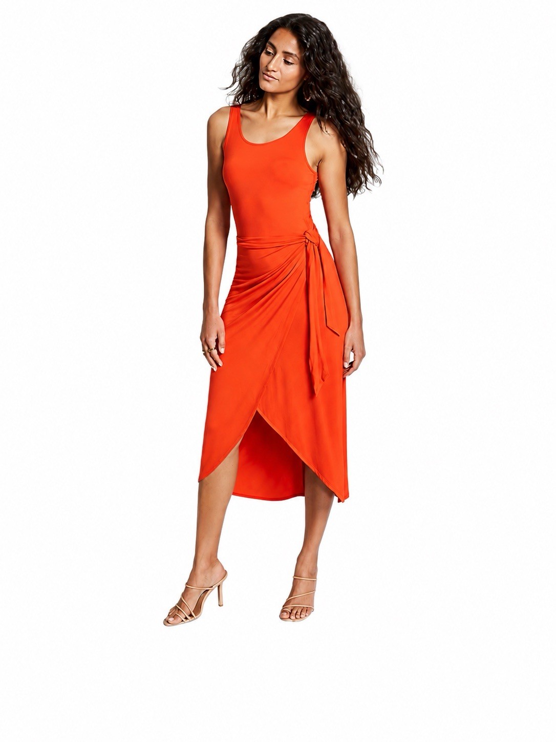 And Now This Beige Solid Wrap Midi Dress M Scoop Neck Sleeveless Tie Stretch