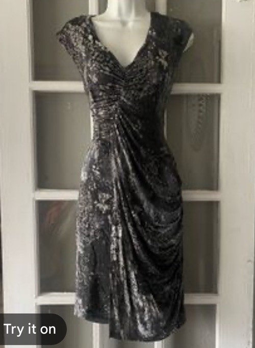 RONEN CHEN GRAY SNAKE PRINT V NECK FAUX WRAP MIDI DRESS MADE IN ISRAEL SIZE 4