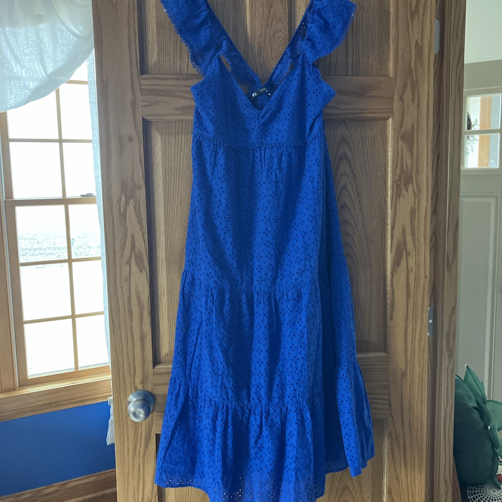 NWOT ZARA Royal Blue Eyelet Tiered Midi Cotton Summer Dress Lined Sz S PRETY!