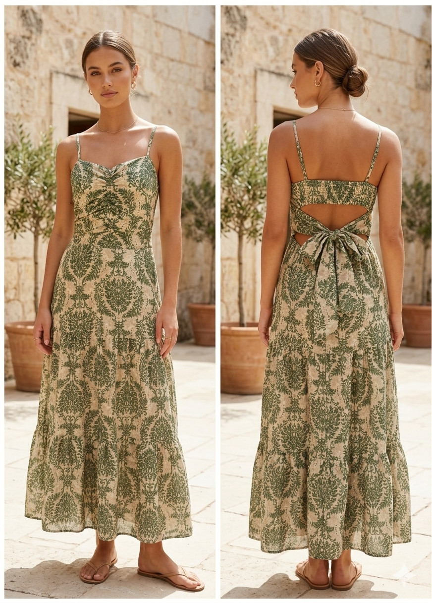 Maxi Dress Women’s Green & Beige Damask Print Strappy Open Back Boho Summer