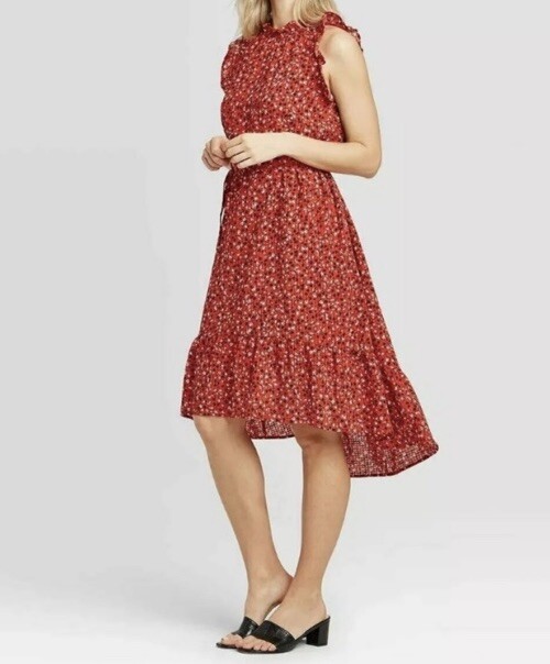 Women’s Floral Print Sleeveless Ruffle Trim Dress Who What Wear Size Small Red