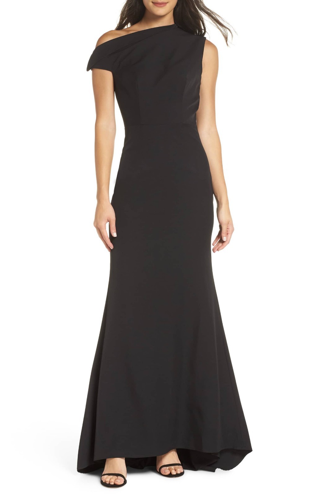 JARLO Black Asymmetric Neck Off One Shoulder Trumpet Train Maxi Gown Dress 4 = S