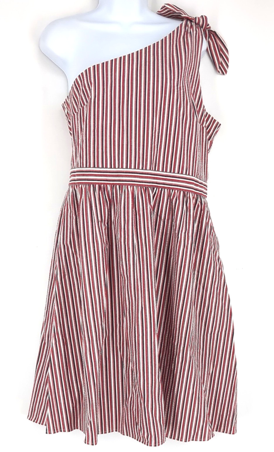 LOFT Outlet Seersucker Midi Sundress Red White Blue Gray Striped Size 10 NWT