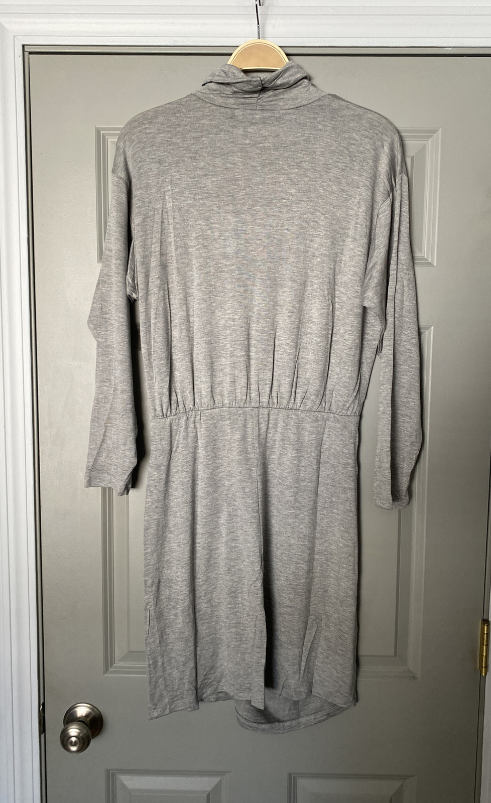Fraiche By J Ruched Long Sleeve Mock Neck Jersey Dress in Gray Size Large $88