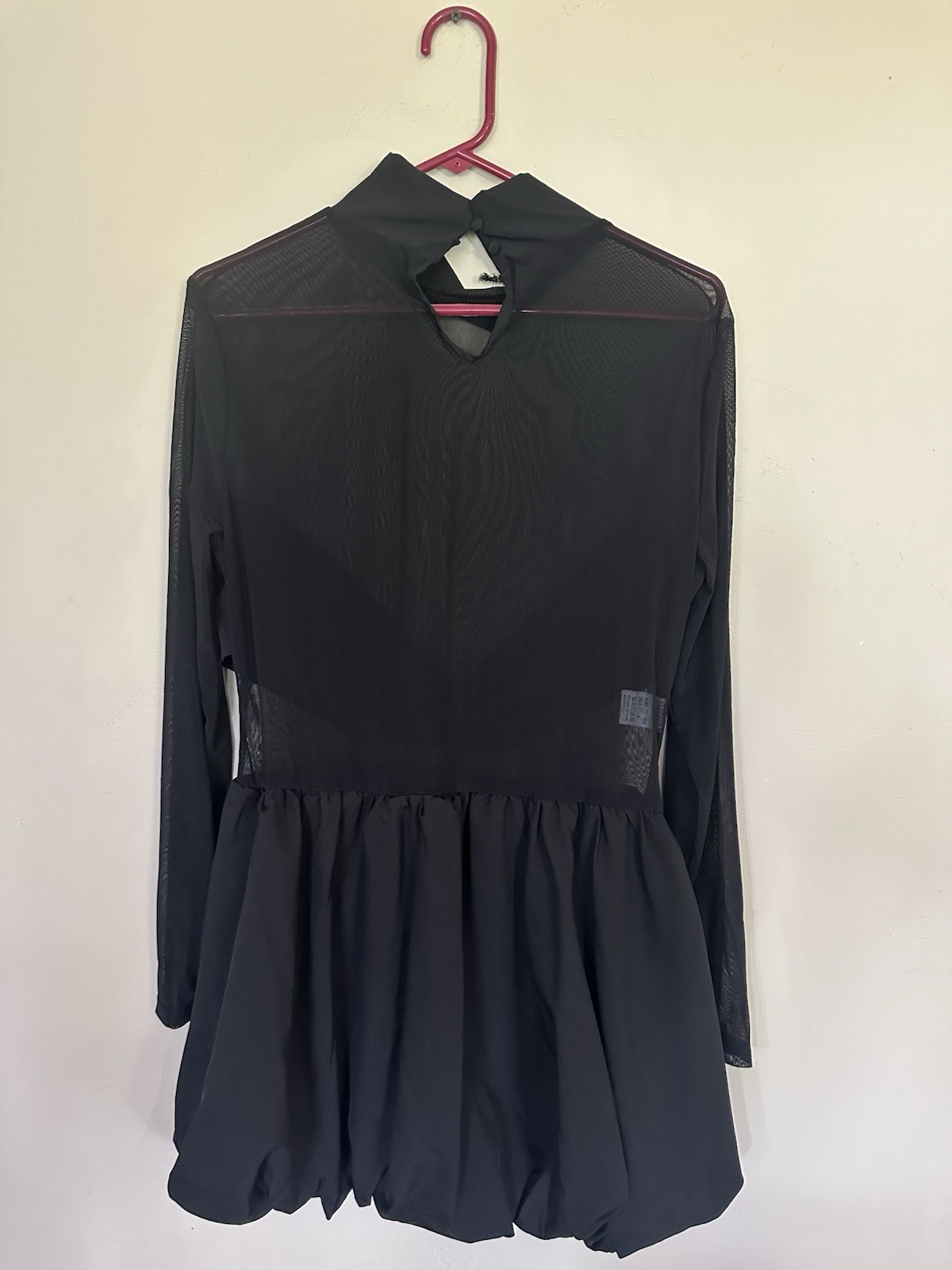 Women’s Black Mesh Long Sleeve Mini Fit & Flare Dress Bow Button Accents