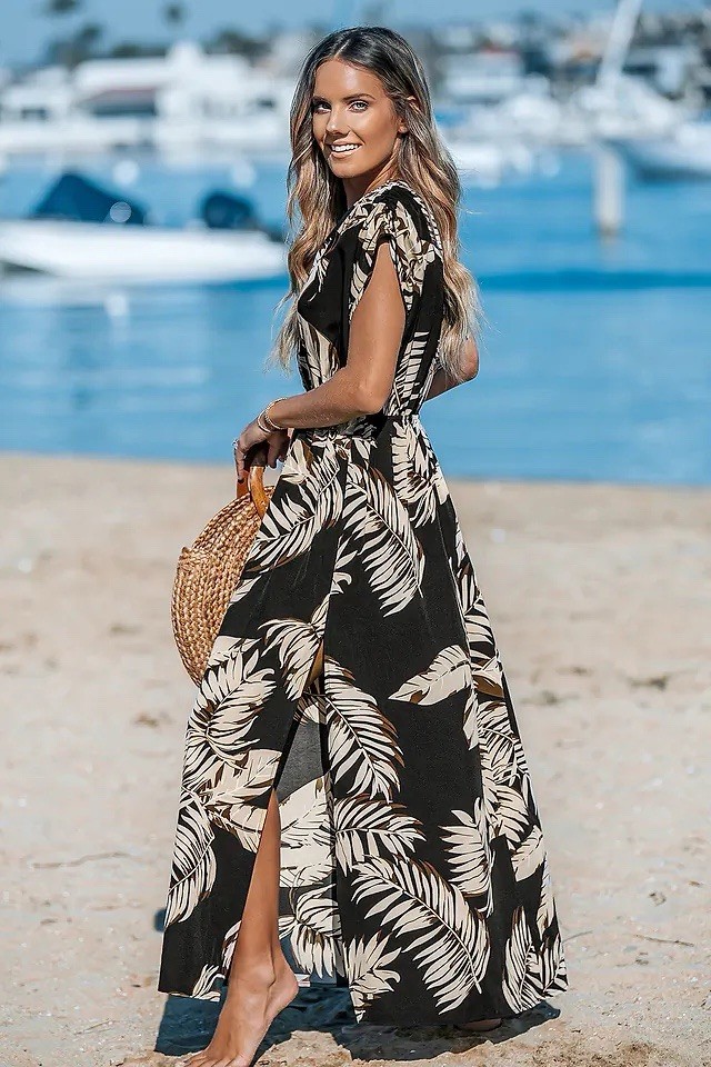 Cupshe Women’s Midnight Palm V Neck Maxi Dress Size XL – Beach, Summer, 028