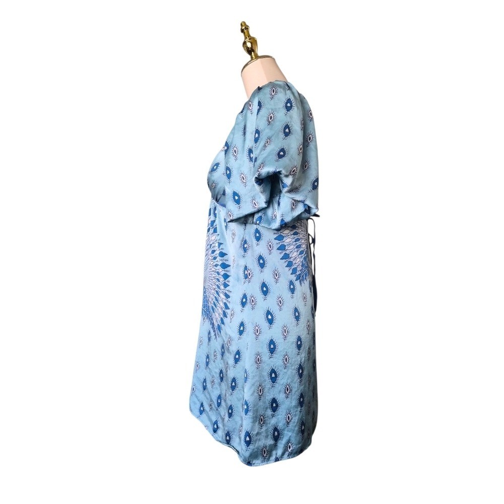 Voom by Joy Han 100% Silk Peacock Dress Size S Blue Puff Sleeve Made USA