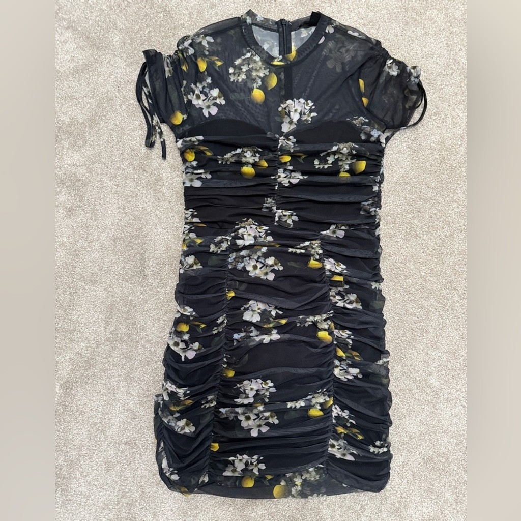 AllSaints – Giorgia Eugenia Floral Lemon Print Minidress w Ruching – size 6