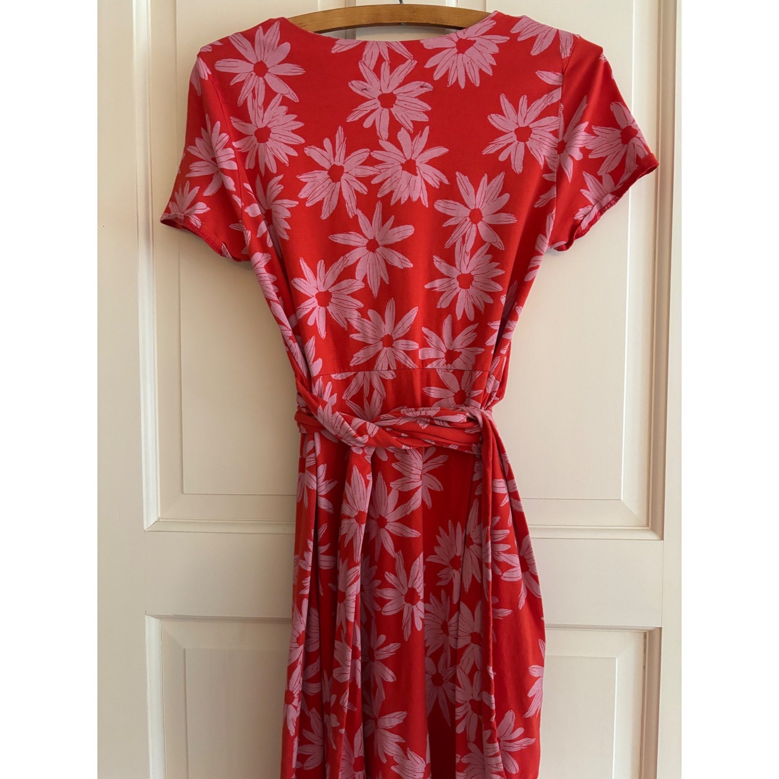 find. Red Pink Daisy Floral Wrap Waist Cotton Midi Dress Short Sleeve Portugal