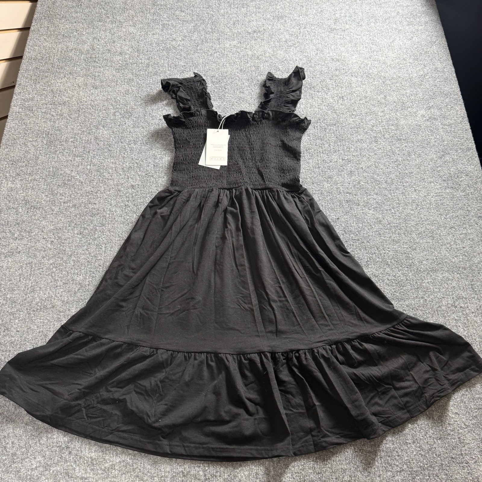 NWT Black Smocked Bodice Midi Dress Ruffle Shoulder Strap Tiered A-Line Sundress