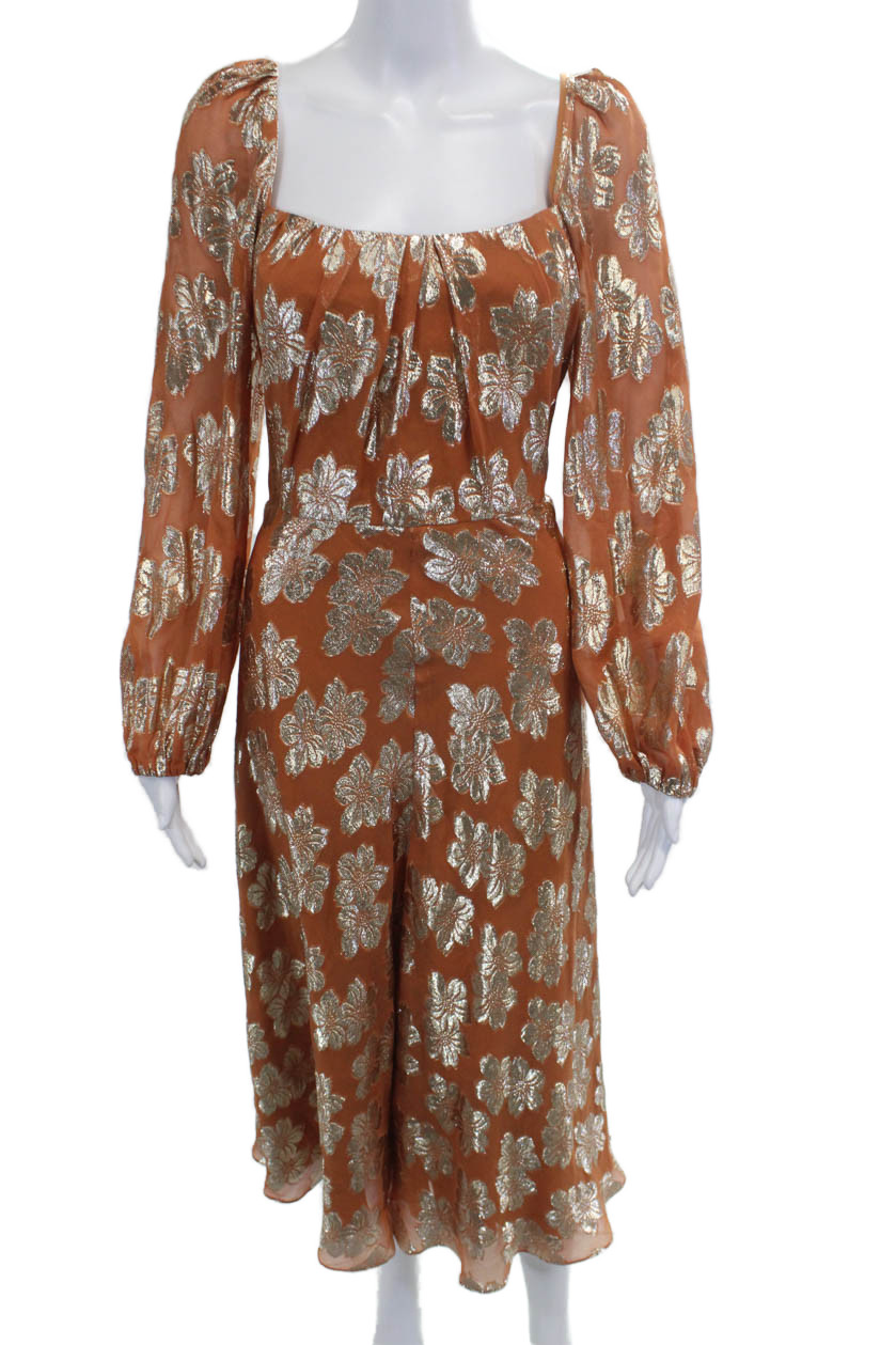 Lela Rose Women Brown Floral Square Neck Long Sleeve Dress Size 12