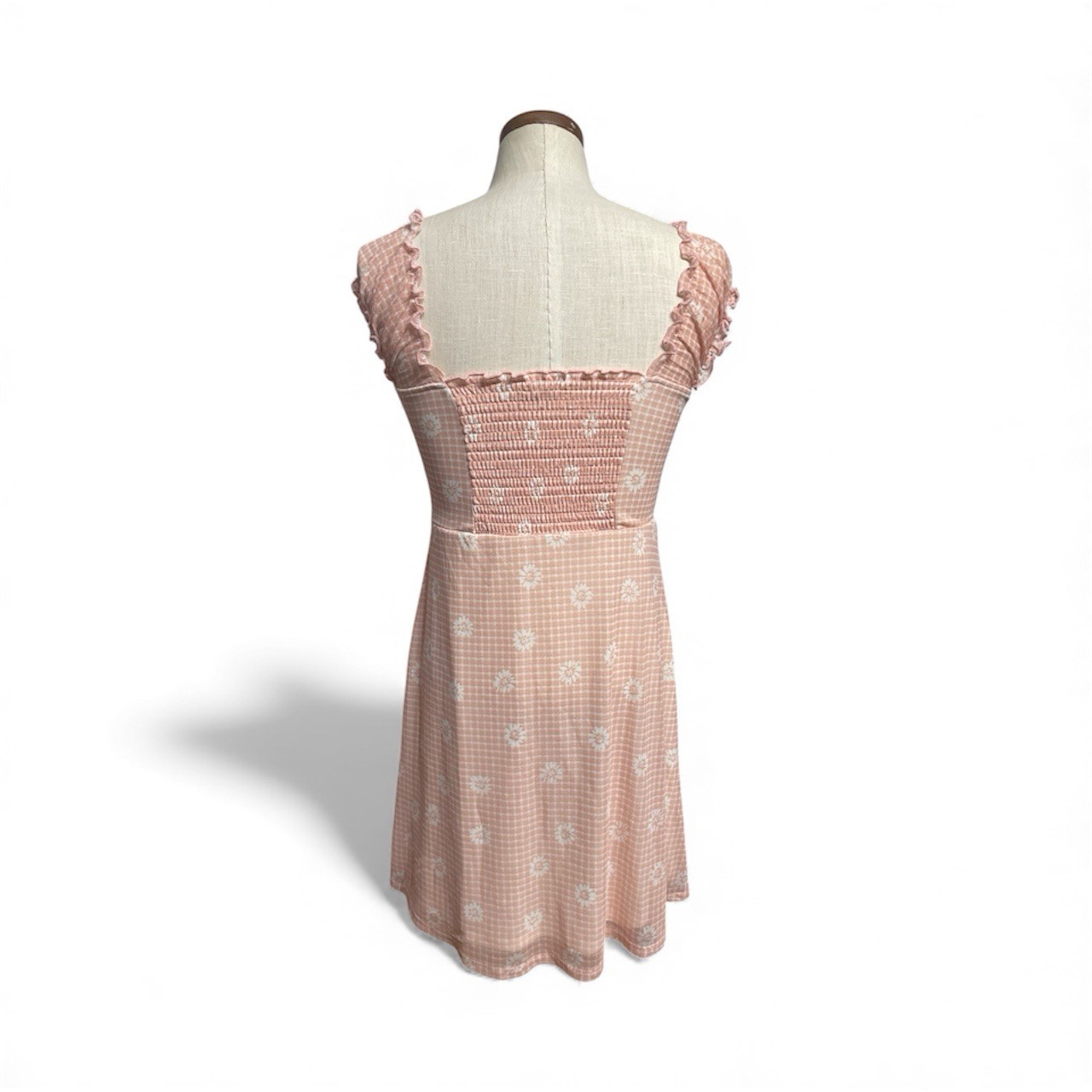 Pink Gingham Daisy Cottagecore Milkmaid Mini Dress Smocked mesh layered