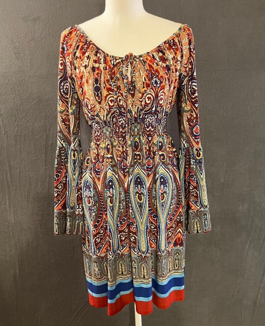 Boston Proper Sz 4 Paisley Boho Smocked Waist Bell Sleeve Mini Dress Multicolor