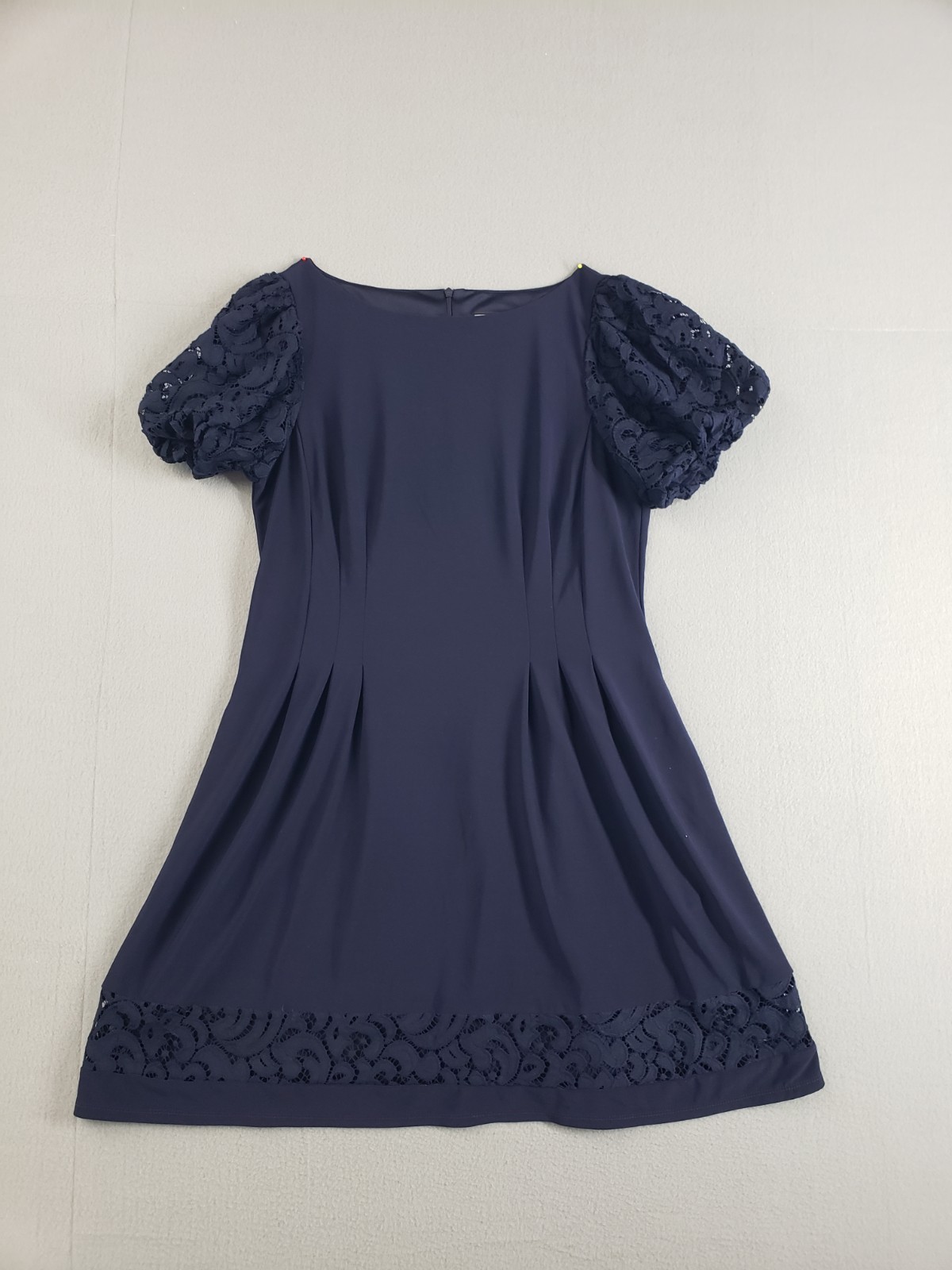 Jessica Howard Women Mini Dress 14P Navy Blue Fit & Flare Lace Trim Cocktail