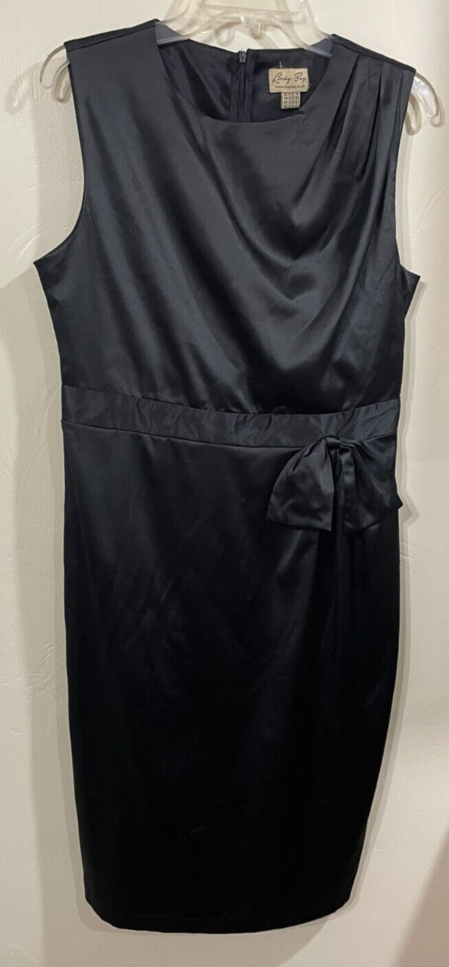 Lindy Bop XL Sleeveless Black Dress LBD w/Bow Silky Satiny Below Knee EUC