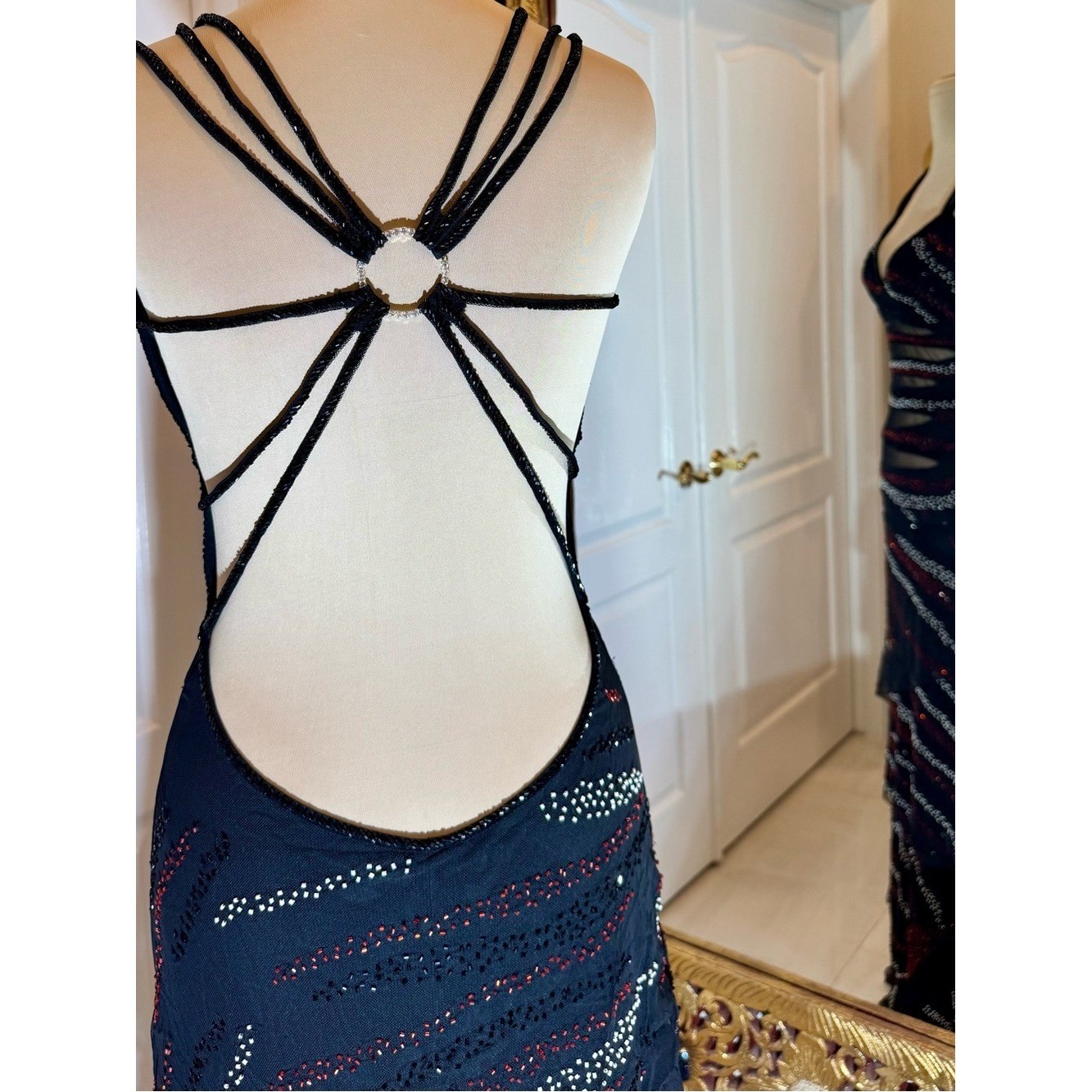 Black intricately hand beaded Sequin Mesh Maxi Dress with Double Straps stretch