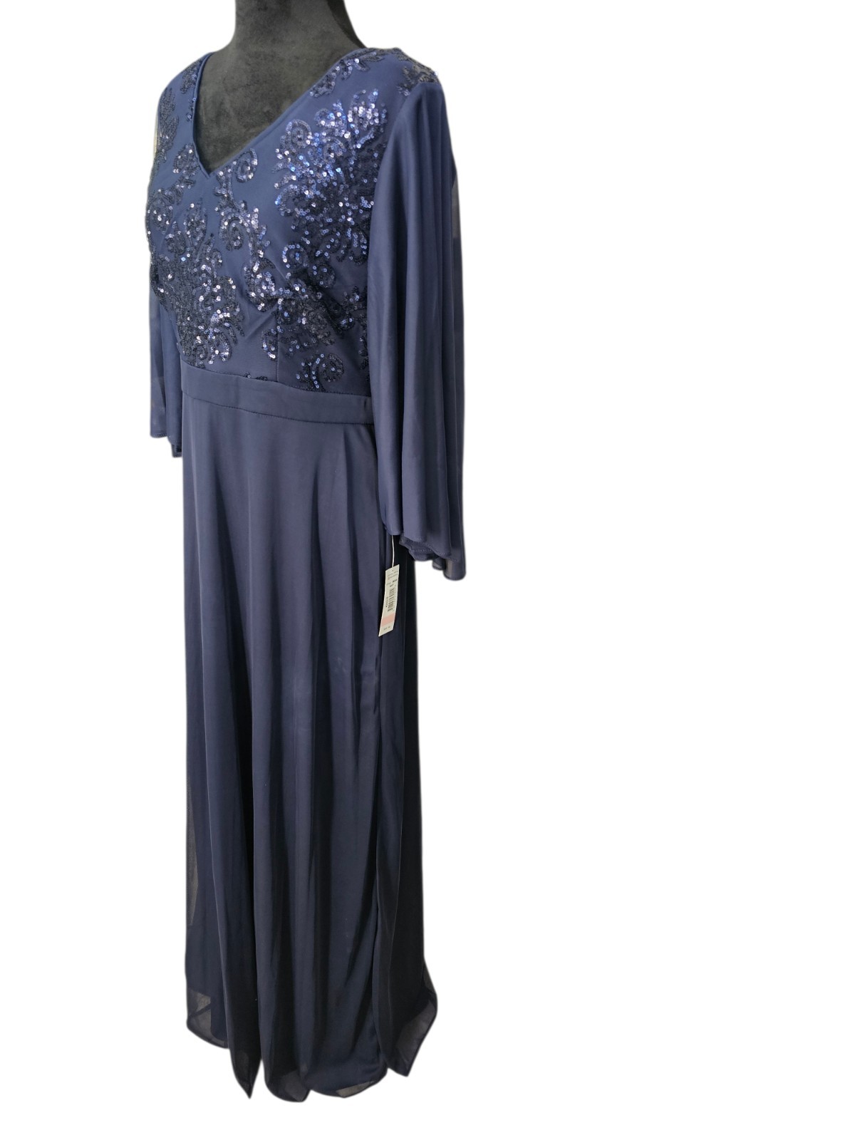 NWT R&M Richards Fleur de Lis Sequin Bodice Dress With Cape Sleeves Navy 10