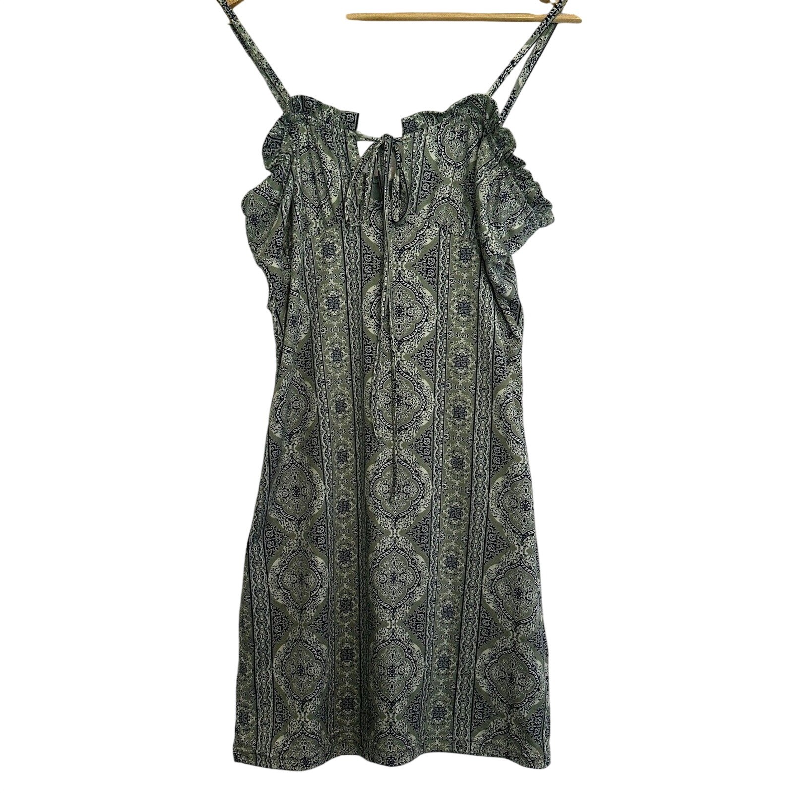 Blush BJ Mini Dress Women Large Green Paisley Ruffle Tie Front Sleeveless D4137S