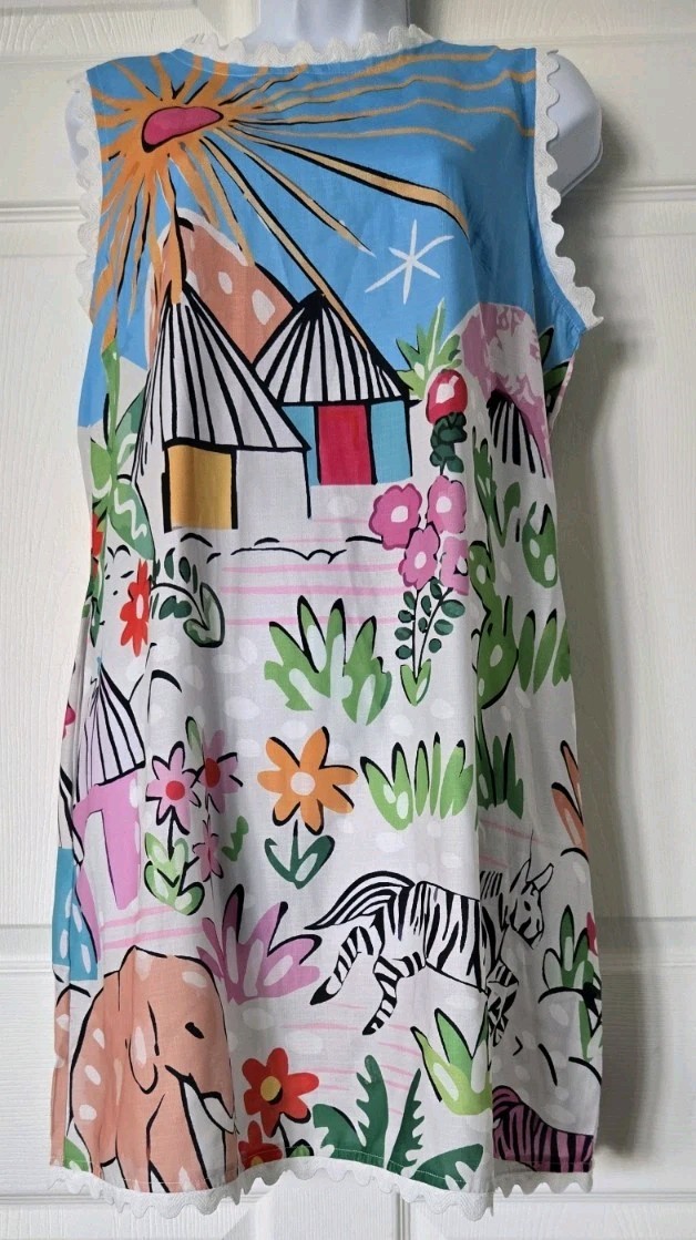 Pink Riple Multi-Color Landscape Print Linen Blend Sundress Sz L NWOT