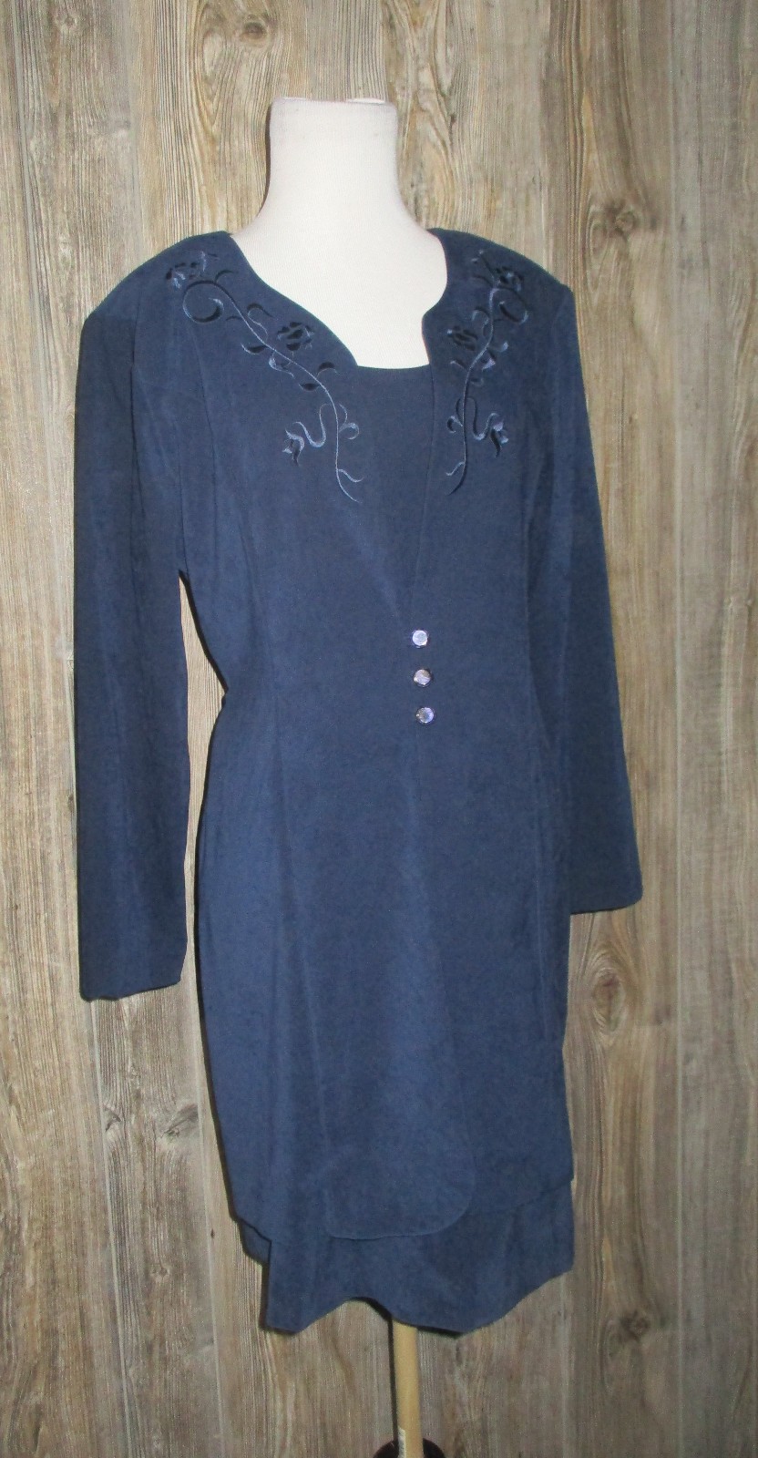 Fashion Bug Size 12P Navy Women Embroidered Dress One Piece Vtg Classic Fall