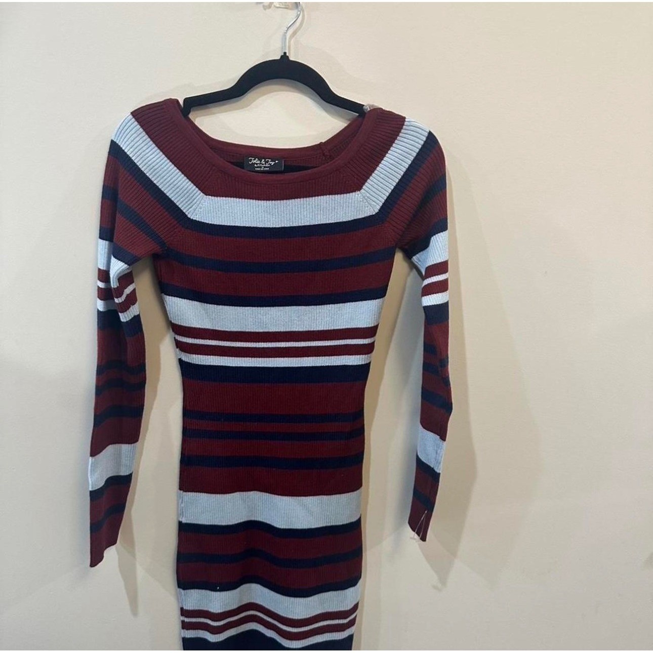 Jolie & Joy Womens Striped Rib Knit Bodycon Sweater Dress Burgundy Blue Medium