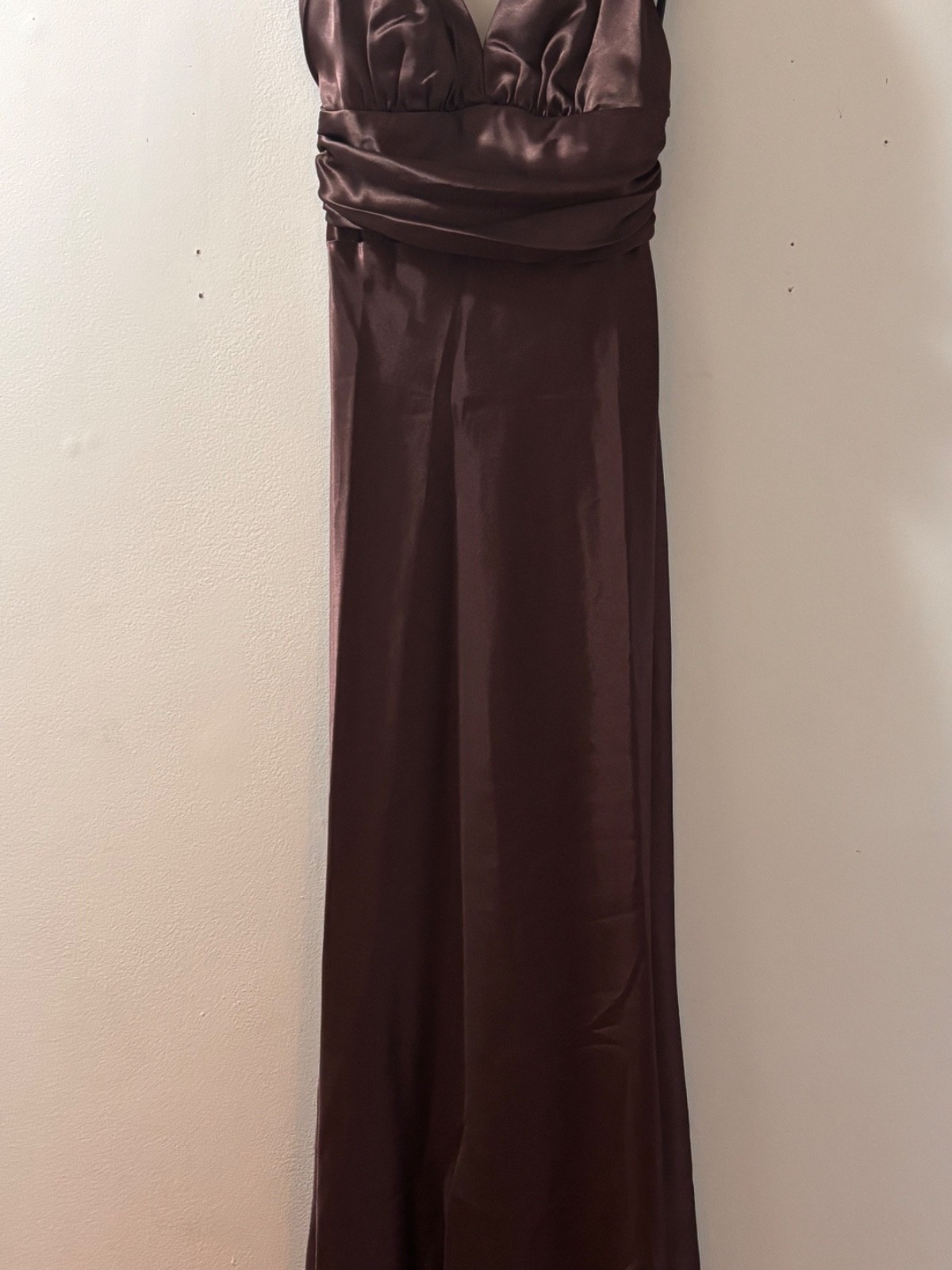 Y2K Style Rich Espresso Brown Silky Ruched Halter Floor Length Prom/Evening Gown