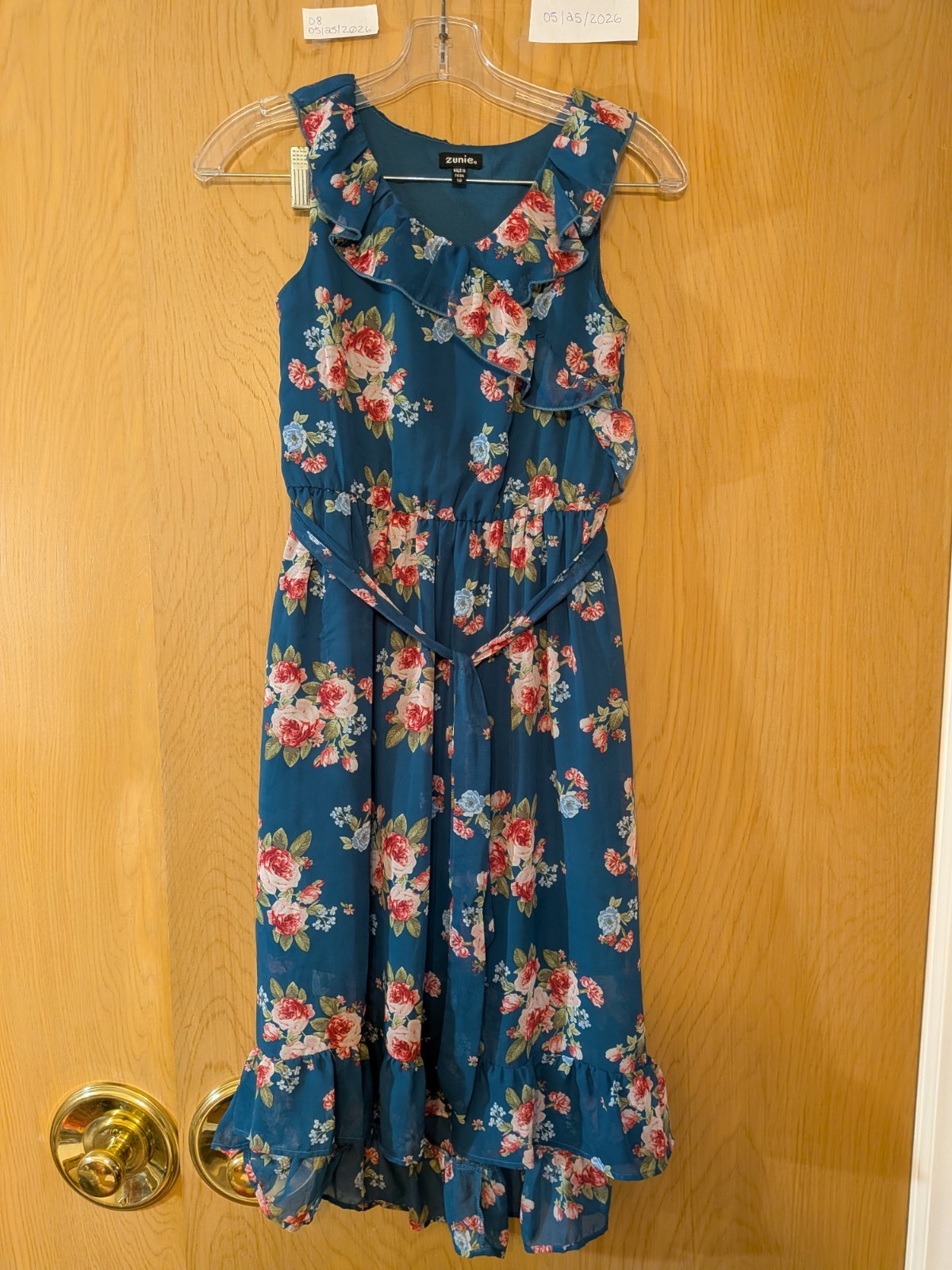 Zunie Teens 12 A-Line Dress Blue Floral Ruffle Belt Crew Neck Sleeveless Midi