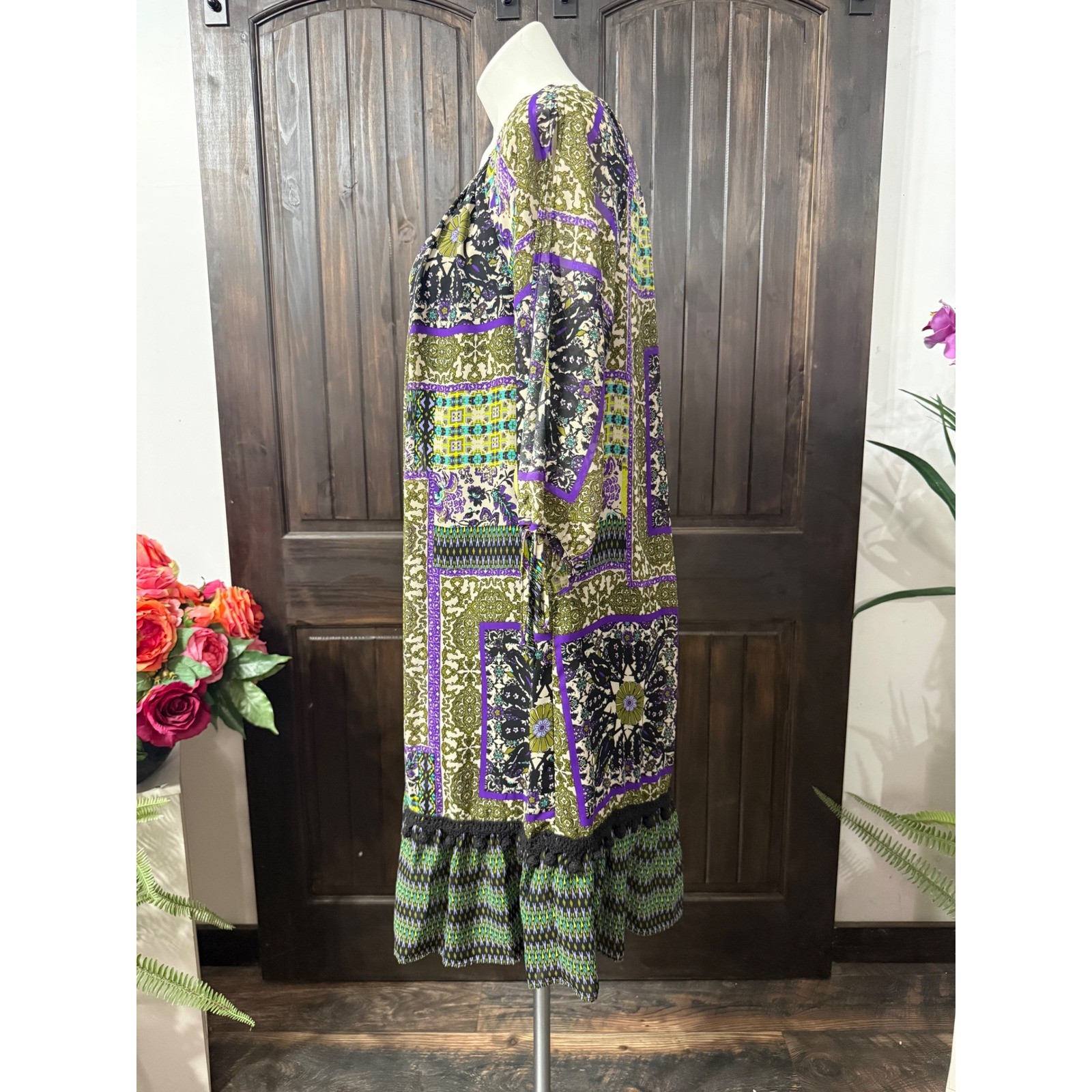 Emma & Michele Boho Patchwork Shift Dress Green Purple Tassel Trim Large NWT
