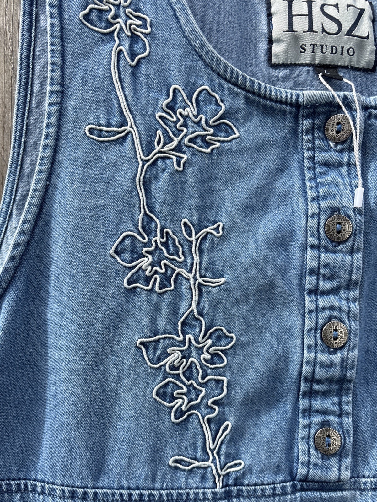Vintage HSZ Studio Dress Large Long Sleeveless Blue Chambray W/White Embroidery