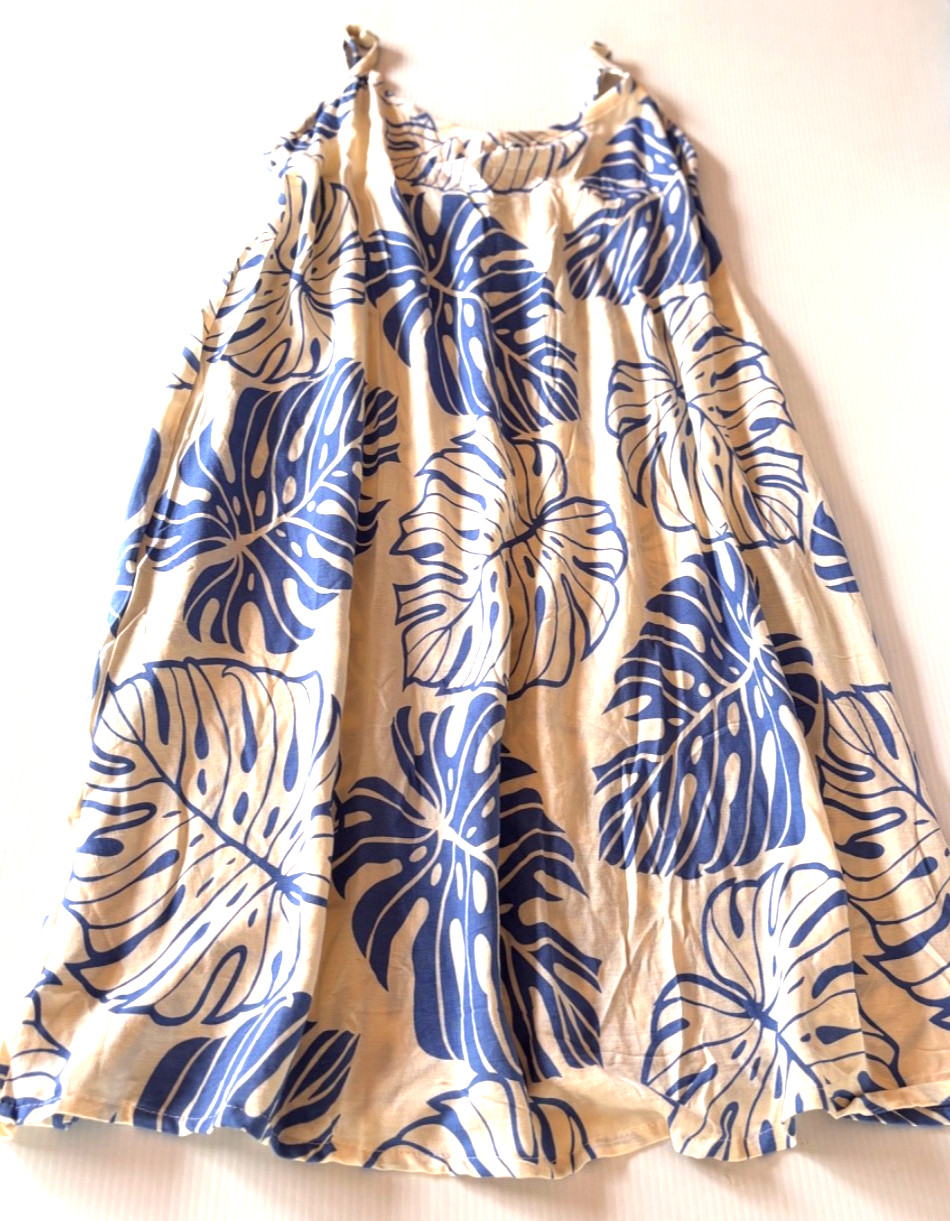 Napua Collection Honolulu Reverse Monstera Blue Rayon Knee Length Sun Dress NWT