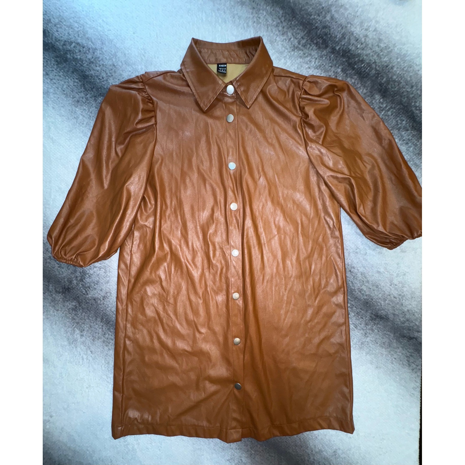 (B1) SHEIN Cognac Brown Faux Leather Puff Sleeve Snap Front Mini Dress Size S