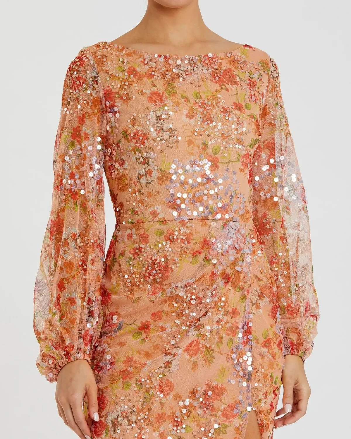 Mac Duggal Apricot Floral Sequin Long Puff Sleeve Gown Size 16 $458