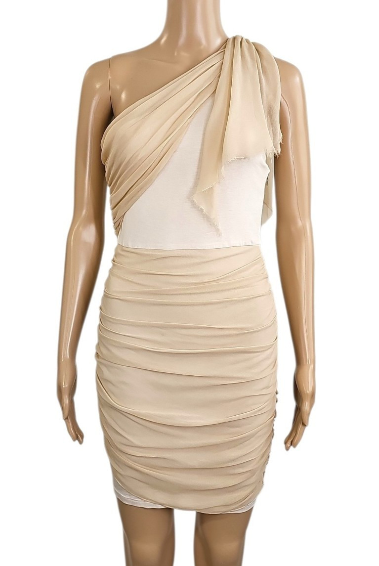 ALICE + OLIVIA Ivory Beige One Shoulder Asymmetric Jersey Silk Mini Dress XS