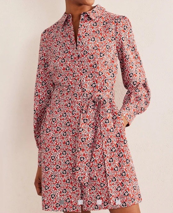 Boden Womens Dress Red Mini Floral Shirtdress Waist Tie Long Sleeve Boho Size 8L